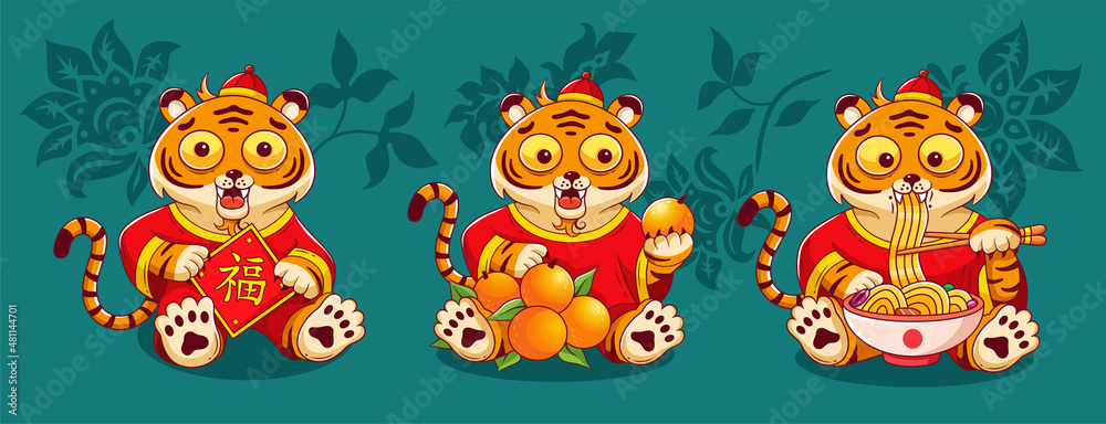 Obraz premium Little tigers in chinese traditional costumes. Vector cartoon characters collection. Tiger with chinese symbol means happiness, tiger with tangerines and tiger eating noodles. Chinese New Year.