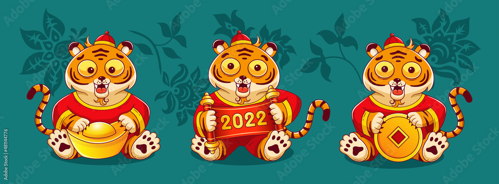Fototapeta premium Little tigers in chinese traditional costumes. Vector cartoon characters collection. Tiger with chinese gold ingot, tiger with gold chinese feng shui coin and tiger with scroll 2022. Chinese New Year