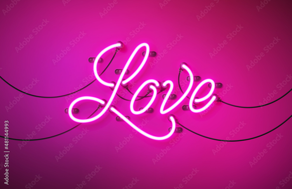 Happy Valentines Day Design with Bright Neon Love Letter on Pink Background. Vector Wedding and Romantic Valentine Theme Illustration for Flyer, Greeting Card, Banner, Holiday Poster or Party