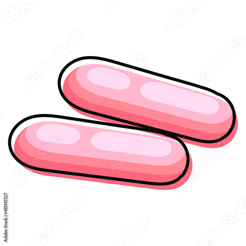 Two pink sausages on white background. Simplified, outline color filled vector illustration, isolated