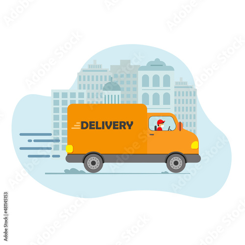 Online delivery service concept, online order tracking, delivery home and office. Warehouse, truck, drone courier, delivery man in respiratory mask. Vector illustration.
