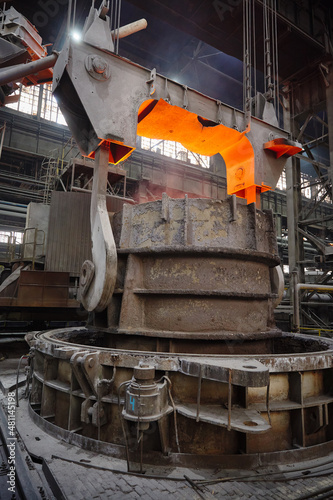 Ladle with hot liquid metal in the Steel ladle degassing unit VD  VOD. Steel production. Metallurgy. Industry