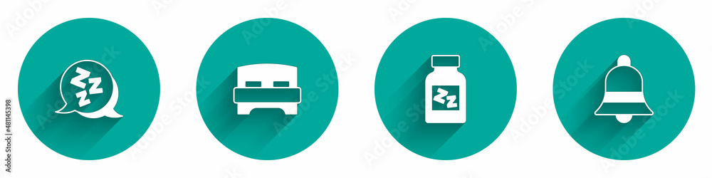 Set Sleepy, Big bed, Sleeping pill and Ringing bell icon with long shadow. Vector Set Sleepy, Big bed, Sleeping pill and Ringing bell icon with long shadow. Vector