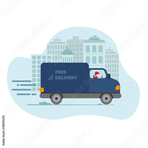 Online delivery service concept, online order tracking, delivery home and office. Warehouse, truck, drone courier, delivery man in respiratory mask. Vector illustration.