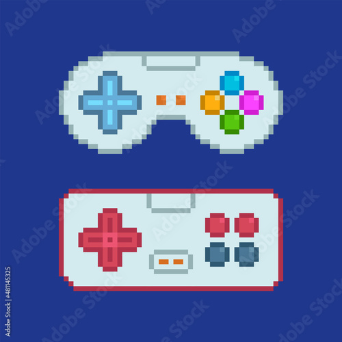 Vector Pixel Art gamepad icos for 8-bit console retro video game design. Pixel game controller and navigation 