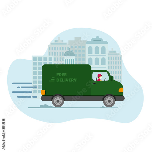 Online delivery service concept, online order tracking, delivery home and office. Warehouse, truck, drone courier, delivery man in respiratory mask. Vector illustration.