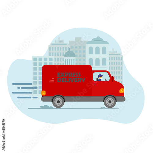 Online delivery service concept, online order tracking, delivery home and office. Warehouse, truck, drone courier, delivery man in respiratory mask. Vector illustration.