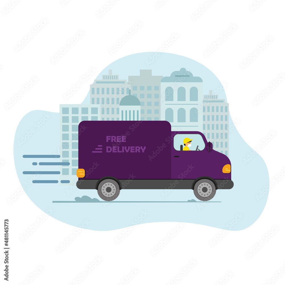 Online delivery service concept, online order tracking, delivery home and office. Warehouse, truck, drone courier, delivery man in respiratory mask. Vector illustration.