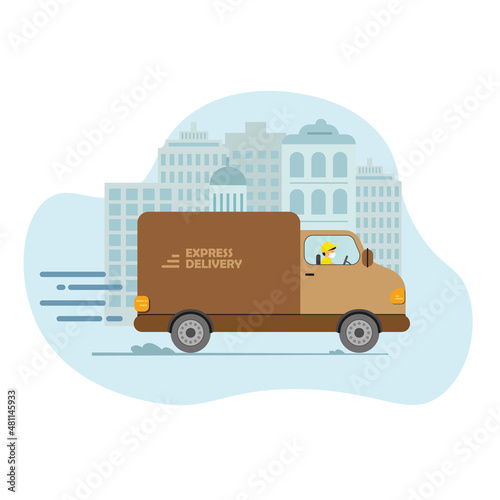 Online delivery service concept, online order tracking, delivery home and office. Warehouse, truck, drone courier, delivery man in respiratory mask. Vector illustration. © VIKTORIA