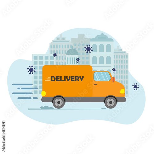 Online delivery service concept, online order tracking, delivery home and office. Warehouse, truck, drone courier. Vector illustration.