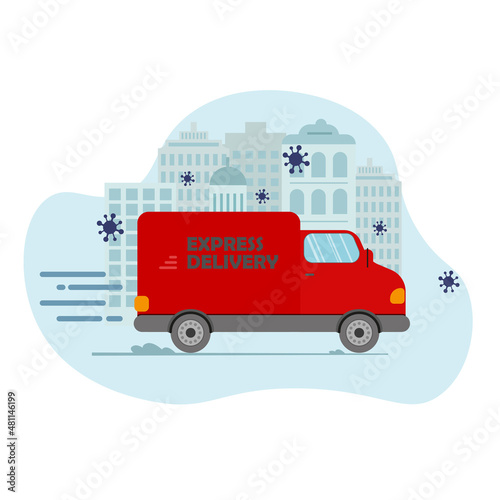 Online delivery service concept, online order tracking, delivery home and office. Warehouse, truck, drone courier. Vector illustration.