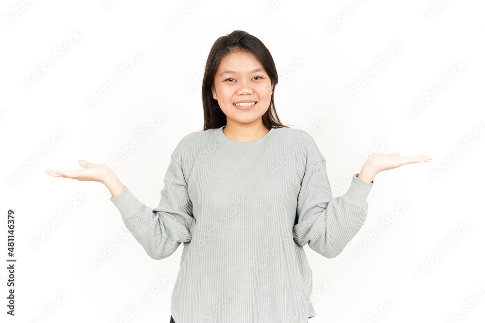 Showing two product on open palm Of Beautiful Asian Woman Isolated On White Background Showing two product on open palm Of Beautiful Asian Woman Isolated On White Background