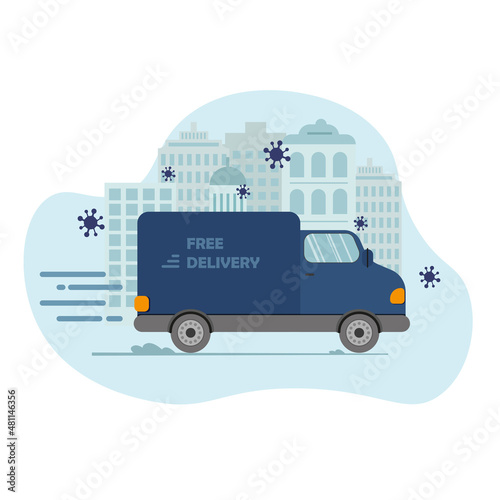 Online delivery service concept, online order tracking, delivery home and office. Warehouse, truck, drone courier. Vector illustration. Corona virus.