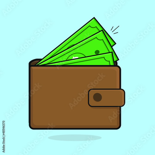 brown wallet full of money dollar and coins flat vector design illustration icon logo wallpaper background
