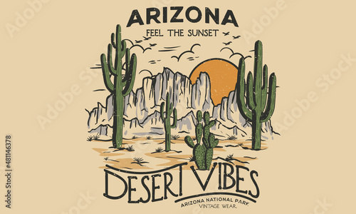 Desert vibes with cactus vintage graphic print design for t shirt and others. 