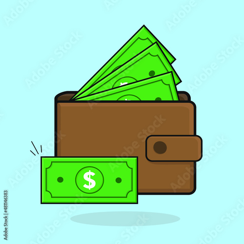 brown wallet full of money dollar and coins flat vector design illustration icon logo wallpaper background
