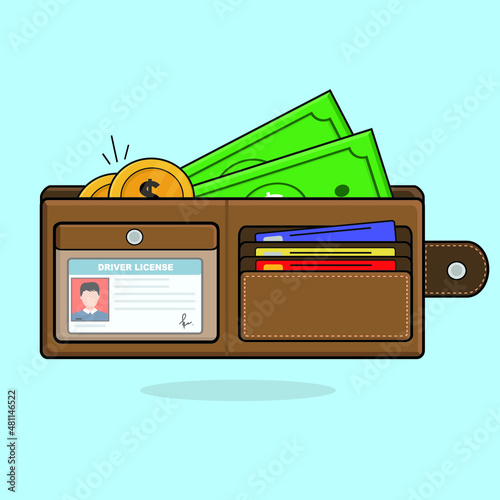 brown wallet full of money dollar and coins flat vector design illustration icon logo wallpaper background
