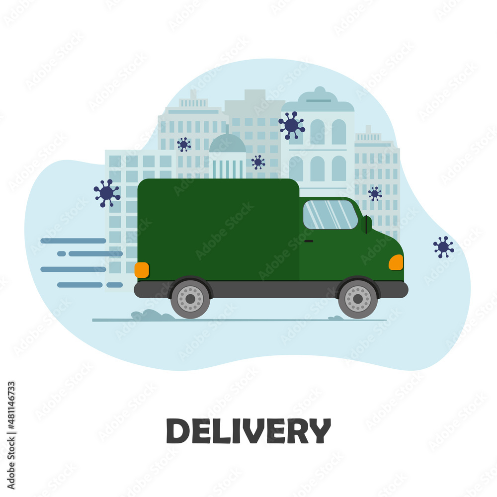 Online delivery service concept, online order tracking, delivery home and office. Warehouse, truck, drone courier. Vector illustration. Corona virus. Online delivery service concept, online order tracking, delivery home and office. Warehouse, truck, drone courier. Vector illustration. Corona virus.