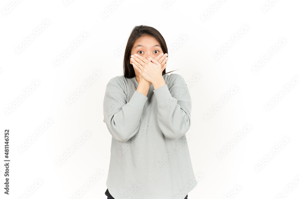 Covering Mouth Of Beautiful Asian Woman Isolated On White Background Covering Mouth Of Beautiful Asian Woman Isolated On White Background