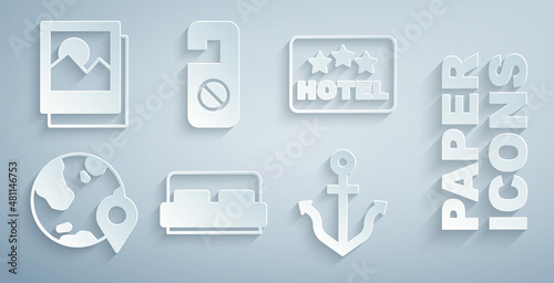 Set Hotel room bed, Signboard with text, Location on the globe, Anchor, Please do not disturb and Photo icon. Vector