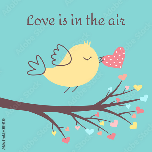 Leinwand Poster Cute bird with heart in her beak and branch with heart shaped leaves