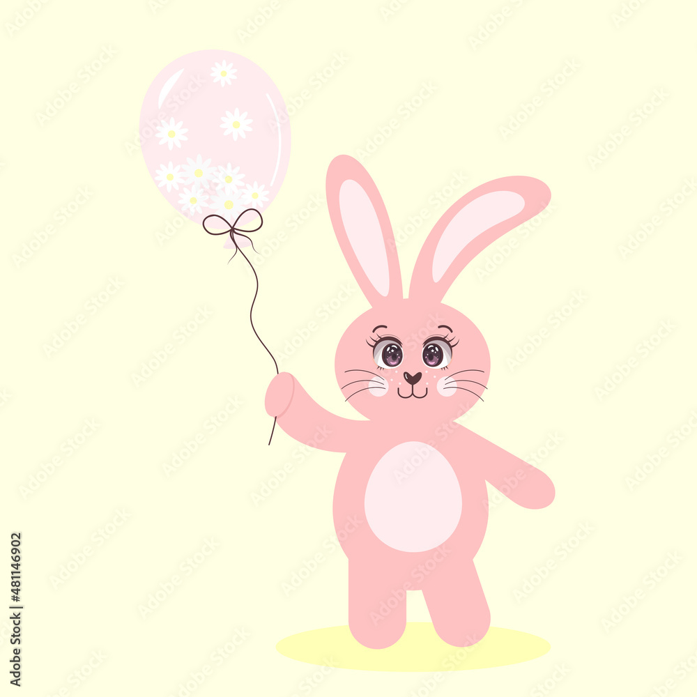 Cute pink bunny with big eyes holding a balloon full of chamomiles. Children's character. Fluffy pet. Cute pink bunny with big eyes holding a balloon full of chamomiles. Children's character. Fluffy pet.