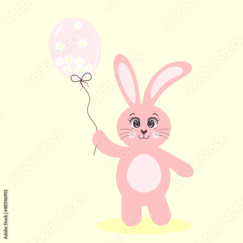 Cute pink bunny with big eyes holding a balloon full of chamomiles. Children's character. Fluffy pet.