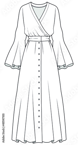 womens flare bell sleeve button up front wrap maxi dress flat sketch vector illustration front view dress template CAD mockup
