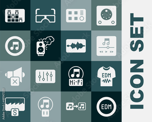 Set EDM electronic dance music, T-shirt, Music player, Drum machine, Stereo speaker, note, tone, equalizer and wave icon. Vector