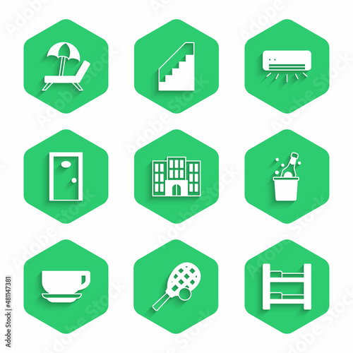 Set Hotel building, Tennis racket with ball, room bed, Bottle of champagne, Coffee cup, door, Air conditioner and Sunbed umbrella icon. Vector