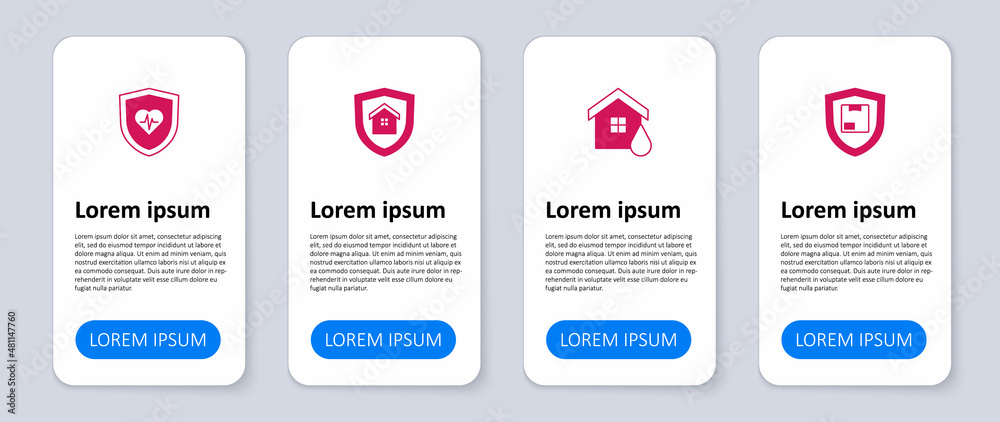 Set Delivery security with shield, House flood, and Life insurance. Business infographic template. Vector Set Delivery security with shield, House flood, and Life insurance. Business infographic template. Vector
