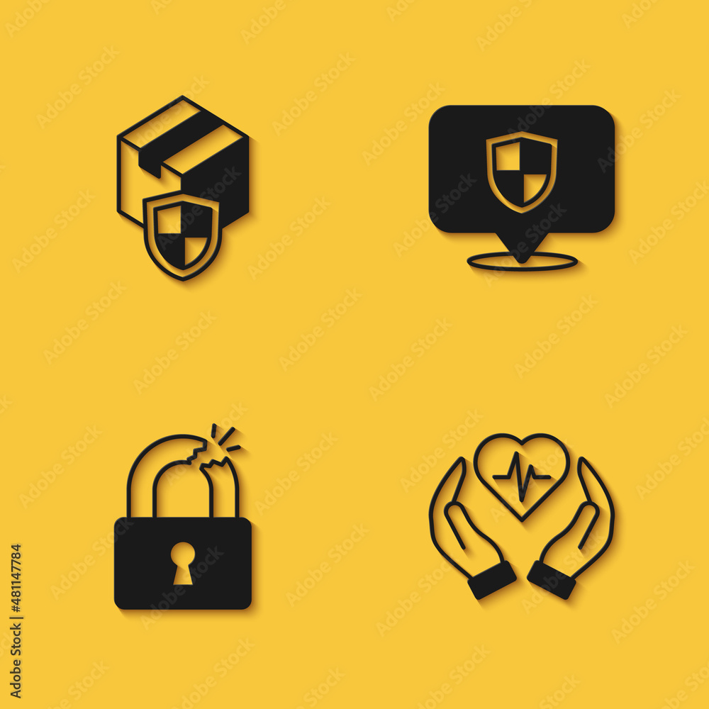 Set Delivery security with shield, Life insurance, Broken or cracked lock and Location icon with long shadow. Vector Set Delivery security with shield, Life insurance, Broken or cracked lock and Location icon with long shadow. Vector