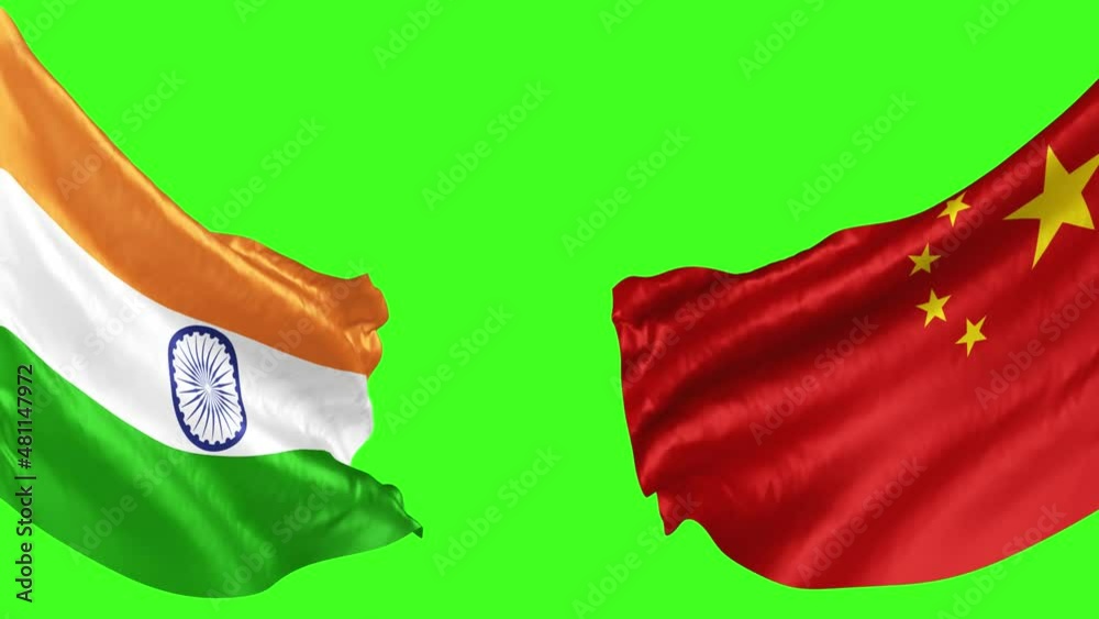 China and India Flag Wave Loop waving in wind. Realistic Chinese vs ...
