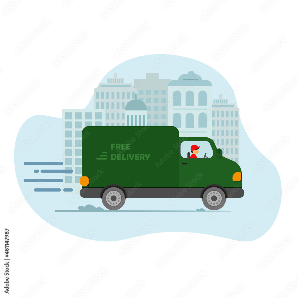 Express delivery truck with man is carrying parcels on points. Concept online map, tracking, service. Vector illustration.