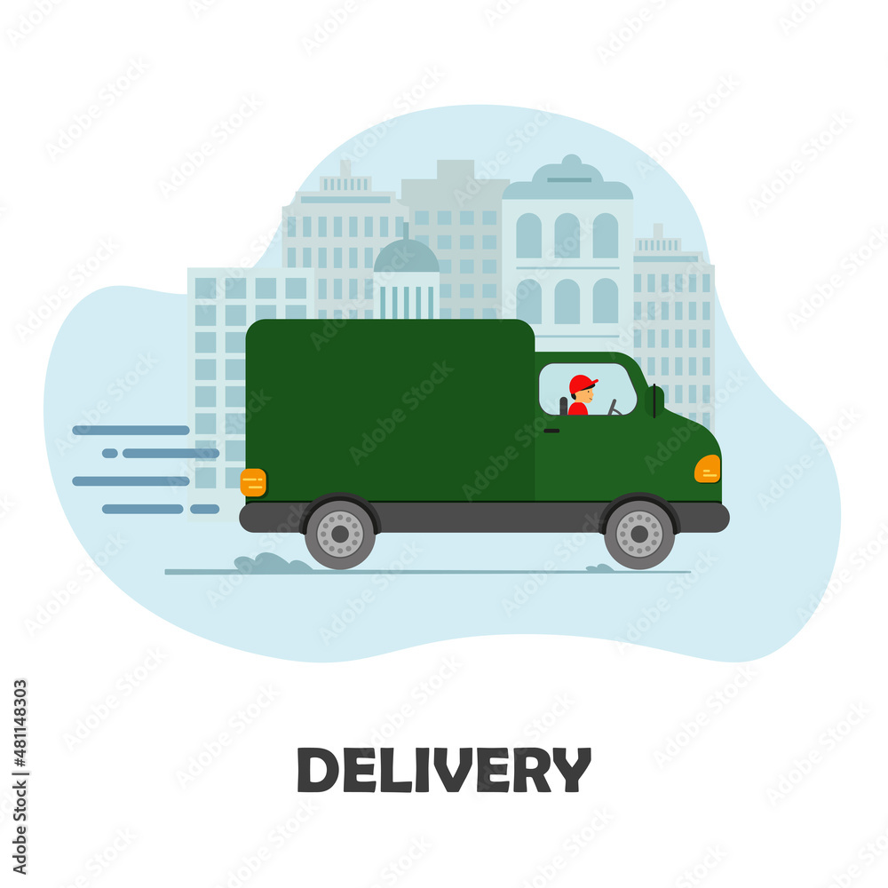 Express delivery truck with man is carrying parcels on points. Concept online map, tracking, service. Vector illustration. Express delivery truck with man is carrying parcels on points. Concept online map, tracking, service. Vector illustration.