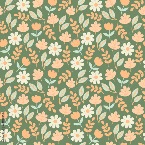 Flower seamless pattern. Vector texture with flat style floral elements: hand drawn wild flowers, leaves, herbs. Botany spring or summer collection. Cute hand drawn flat plants background