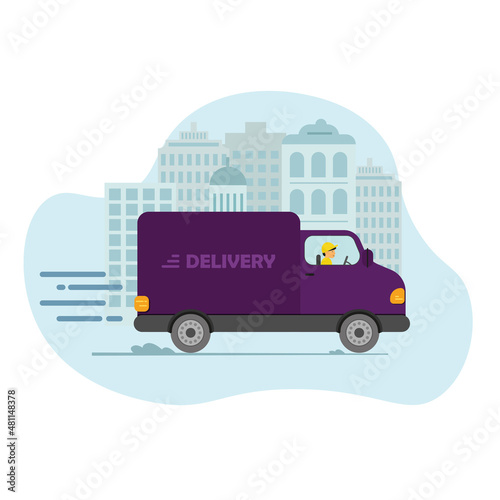 Express delivery truck with man is carrying parcels on points. Concept online map, tracking, service. Vector illustration. © VIKTORIA