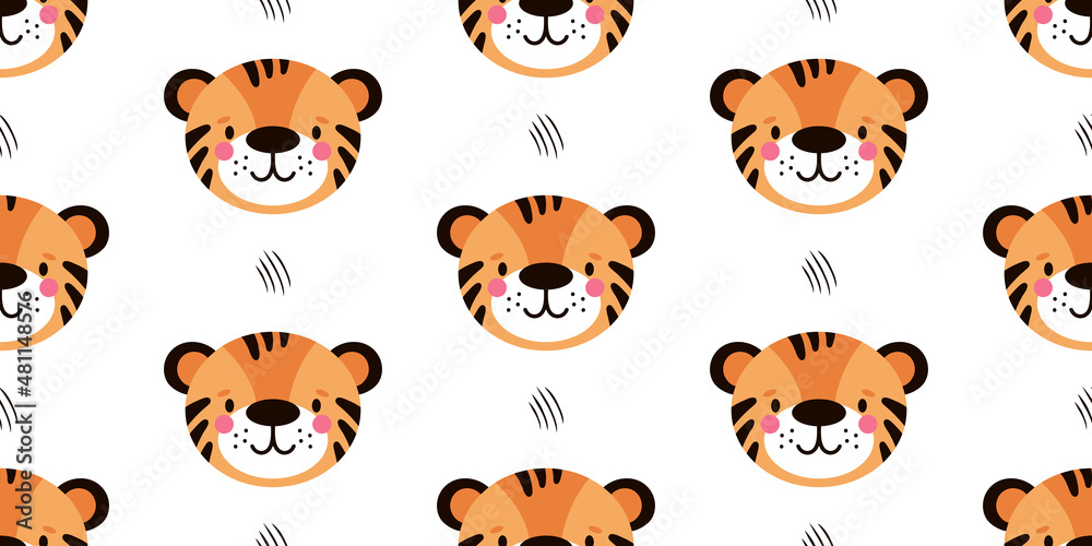 Tiger seamless cute pattern in cartoon style on white background. Tiger seamless cute pattern in cartoon style on white background.