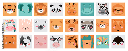 Animal square face ui. Cute simple icon set. Memo. Funny cartoon Muzzles. Illustrations on white background