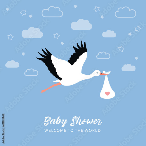 baby welcome greeting card with stork in blue sky