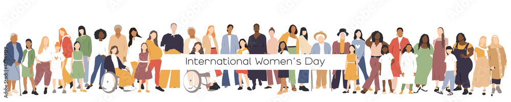 International Women's Day banner. Women of different ages stand together.