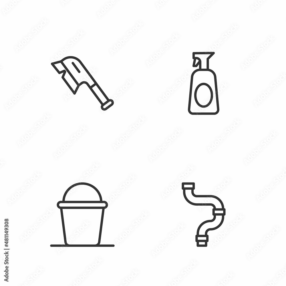 Set line Industry metallic pipe, Bucket, Brush for cleaning and Cleaning spray with detergent icon. Vector Set line Industry metallic pipe, Bucket, Brush for cleaning and Cleaning spray with detergent icon. Vector