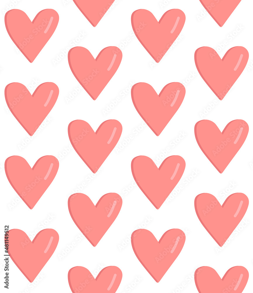 Vector seamless pattern of flat cartoon pink heart isolated on white background
