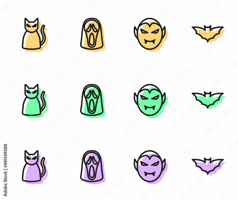 Fototapeta premium Set line Vampire, Black cat, Funny and scary ghost mask and Flying bat icon. Vector