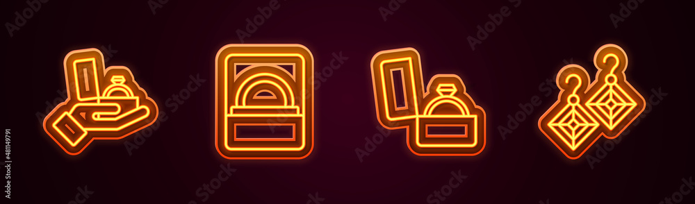 Set line Diamond engagement ring in box, and Earrings. Glowing neon icon. Vector Set line Diamond engagement ring in box, and Earrings. Glowing neon icon. Vector