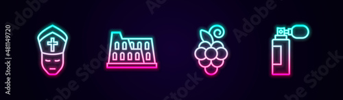 Set line Pope, Coliseum, Grape fruit and Perfume. Glowing neon icon. Vector