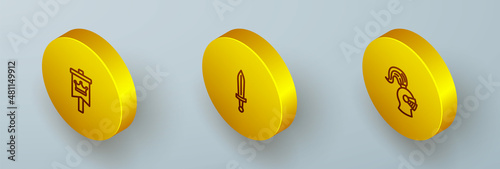 Set Isometric line Medieval flag, sword and helmet icon. Vector