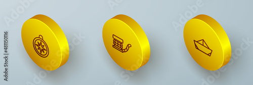 Set Isometric line Compass, Marine bollard with rope and Folded paper boat icon. Vector
