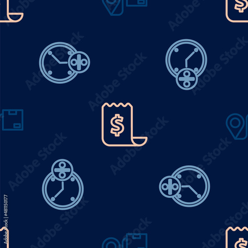 Set line Location with cardboard box  Clock and percent discount and Paper check financial check on seamless pattern. Vector