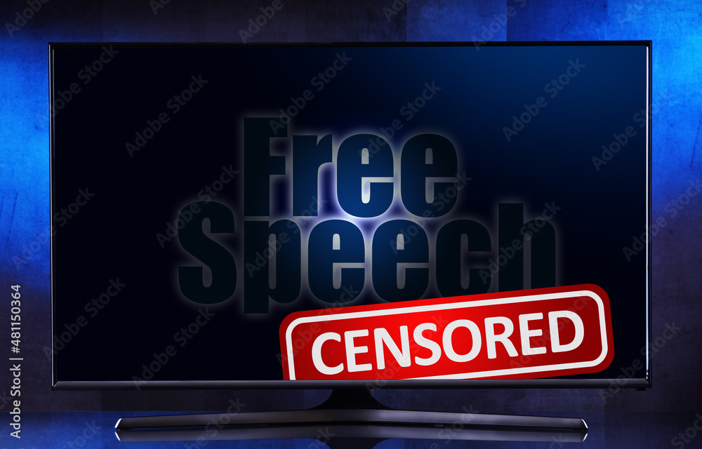 Flat-screen TV set with the sign of censorship in the mass media